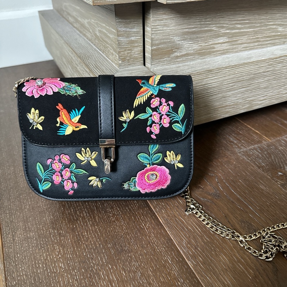 Black embroidered crossbody bag